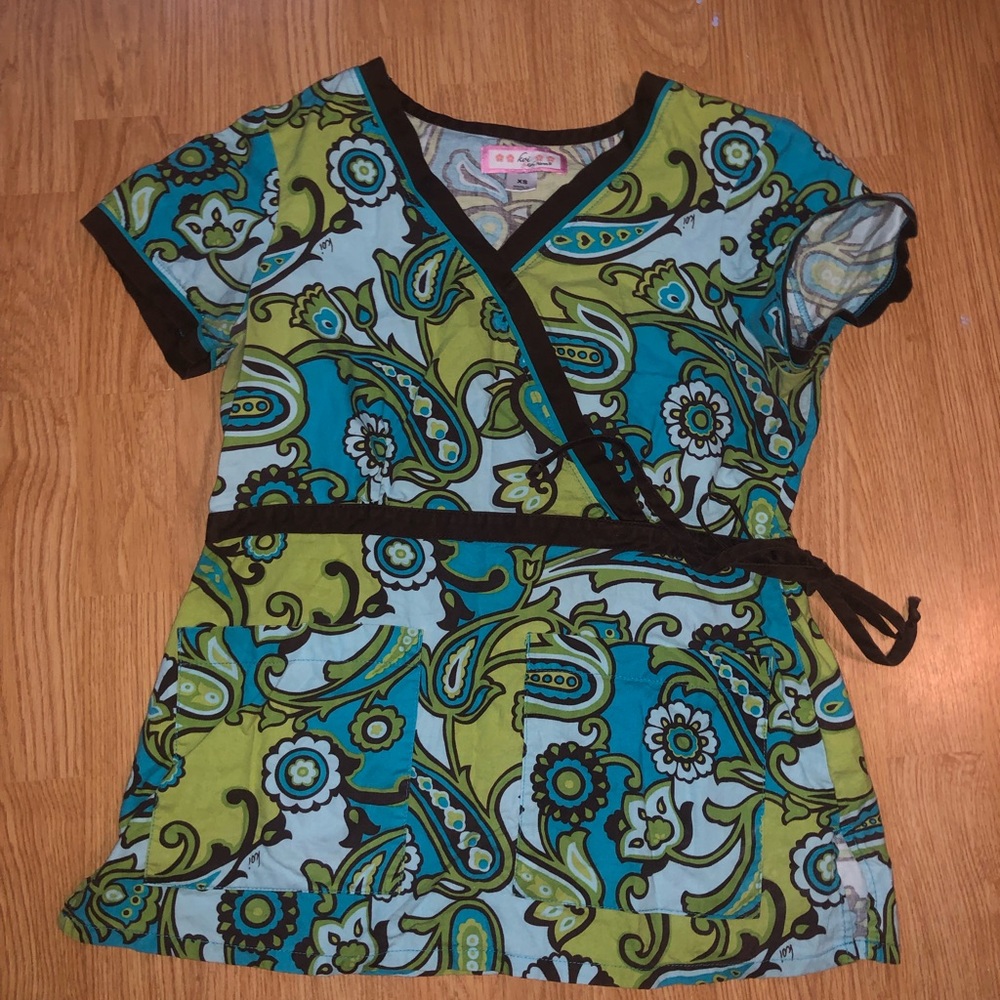 Koi brown green and teal mock tie scrub top.